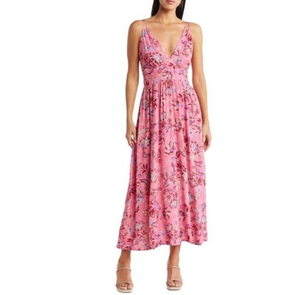 Steve Madden Tiny Dancer Pink Floral V-Neck Maxi Dress Smocked Back Large NEW - Picture 1 of 12